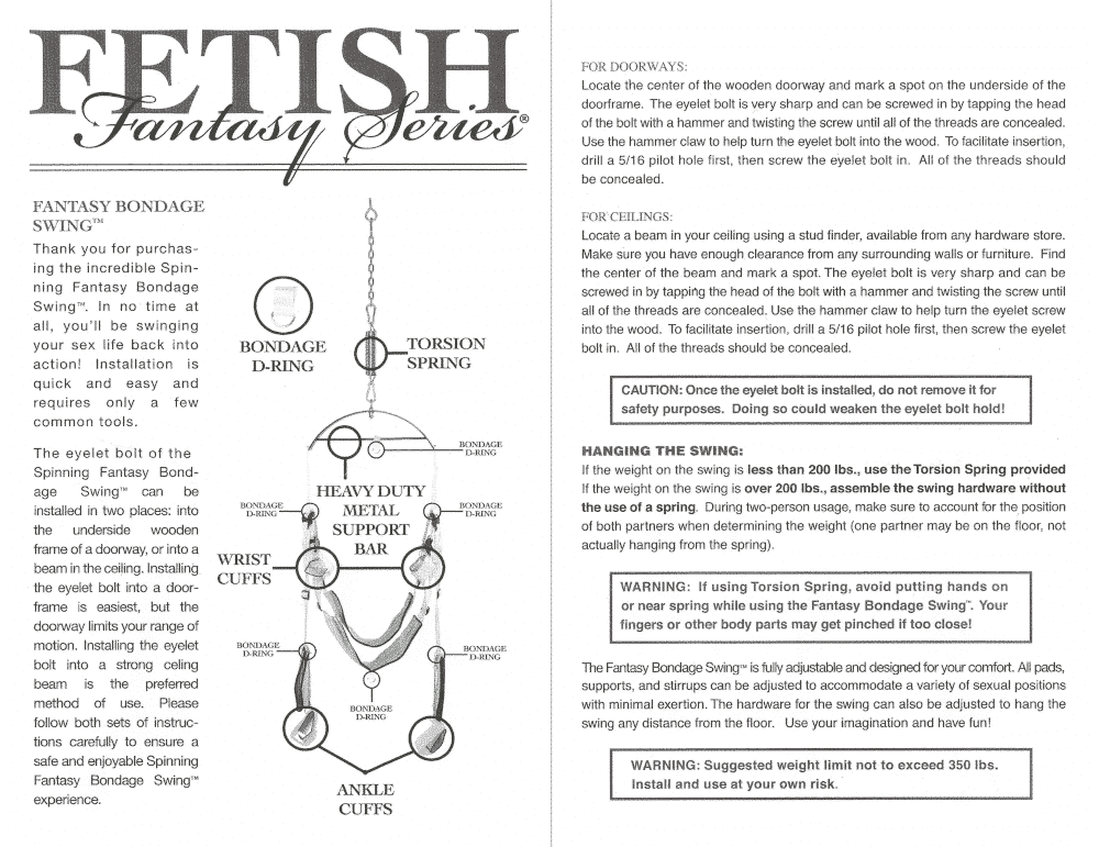 Install instructions for the fetish fantasy series bondage swing
